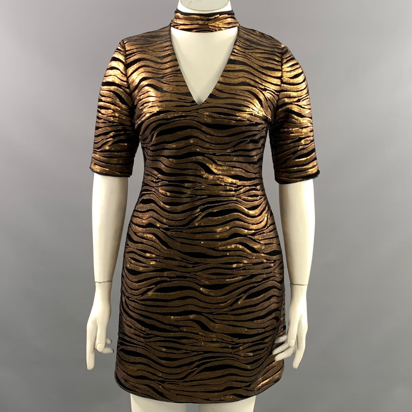 Alice + Olivia Size 12 Gold Black Polyester Tiger Knee Length Dress